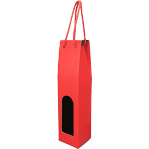 A red single bottle wine box with a rope handle and a clear viewing window on the front. Features branding on the side.
