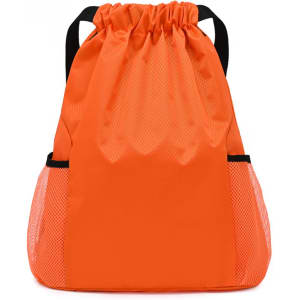 An orange drawstring backpack with mesh sides and a cinched top. Features black straps and a logo.