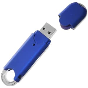 A blue O-ring flash drive with a clear casing and a removable cap. It includes a loop for attachment.