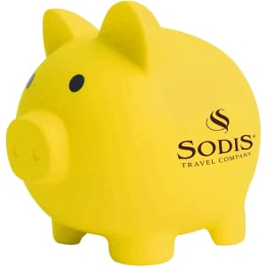 A yellow PVC piggy coin bank with a rounded body and two ears, featuring a logo.