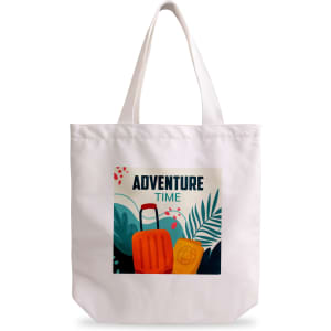 A white tote bag with a full-colour design featuring travel-themed illustrations and a logo.