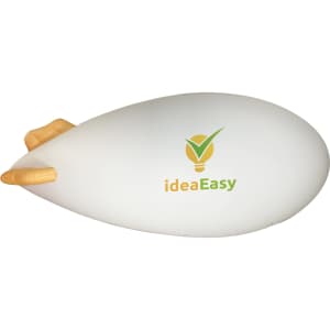 An inflatable blimp in white and gold, featuring a logo on the side.