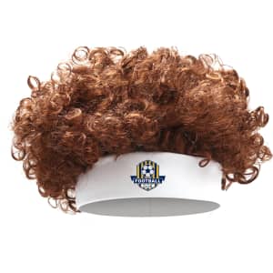 A brown curly headband wig with a white band and a logo on the front.