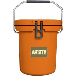 An orange 15L ice bucket with a handle and a logo on the front.