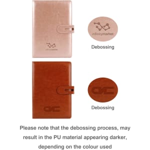 A brown PU notebook with a clasp, featuring a logo on the cover and a debossed design.