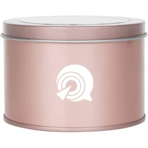 A medium rose gold tin can with a transparent window, featuring a logo on the front.