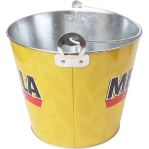 A yellow metal bucket with a shiny handle and a logo, designed for holding beverages.