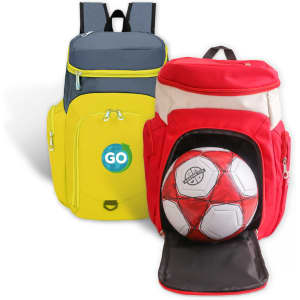 A yellow backpack and a red backpack, each with a logo, featuring compartments for sports balls.
