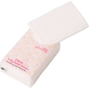 A pack of white pocket tissues with a patterned design and a logo, containing two sets of four-ply tissues.