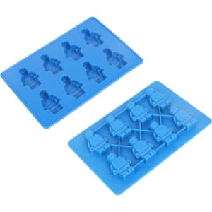 A blue custom shaped moulded ice cube tray featuring playful ice cube designs. It includes two trays with various shapes.
