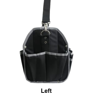A black tool carrier bag with grey trim and multiple pockets, featuring a shoulder strap and a metal ring.