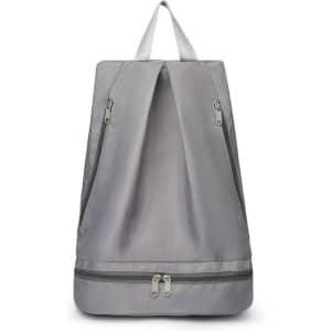 A grey backpack with a handle and multiple zippered compartments for wet and dry separation.