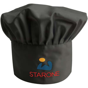 A dark green adult chef hat with a gathered top and a logo on the front.