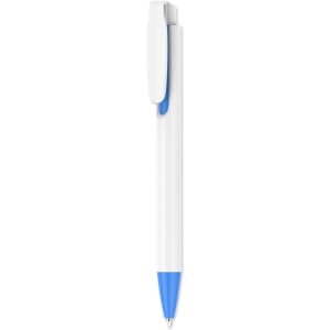 A plastic pen with a creamy white barrel and a blue tip and clip, featuring a branding logo.
