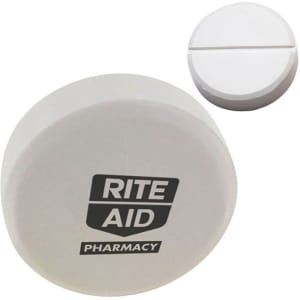 A round white stress reliever tablet with a logo on the front and a smooth surface design.