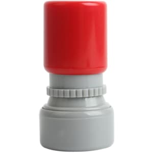 A round stamp featuring a red top and a grey base, designed for various applications.