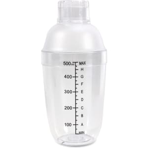 A drink bottle with a clear plastic design, a filter top, and measurement markings in black.