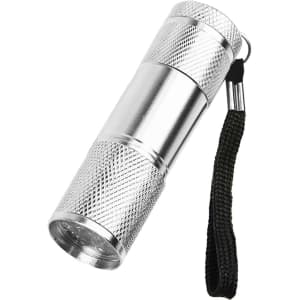 A silver portable LED torch with a textured grip and a black wrist strap.