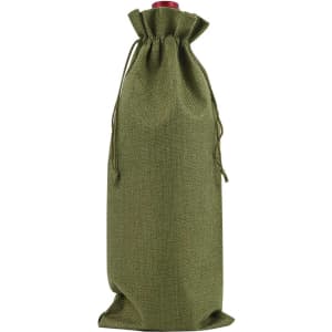 A green drawstring bag designed for holding a wine bottle, featuring a textured finish and closure.