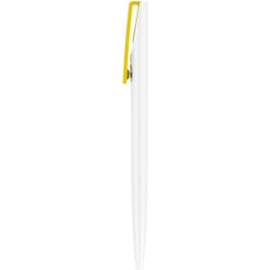 A plastic pen with a creamy white barrel and a yellow clip, featuring a logo.