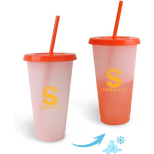 A drink cup set with orange lids and straws, displaying a colour changing effect from light to dark pink. Includes a logo.