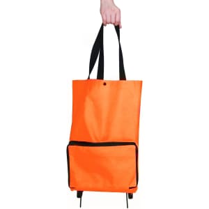 An orange collapsible shopping trolley bag with a black trim and dual handles, featuring a pocket on the front.