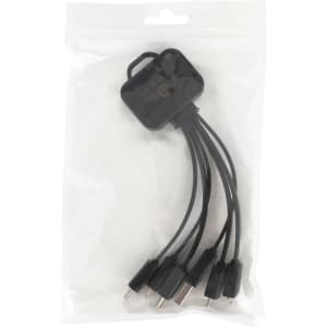 A square-shaped light-up charging cable in black, presented in a clear plastic packaging with multiple connectors.