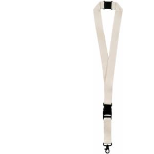 A cream cotton lanyard with a black clasp, featuring a logo on one side.