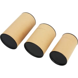 Medium kraft paper cylinders in various sizes with black lids, displaying a simple design and one logo.