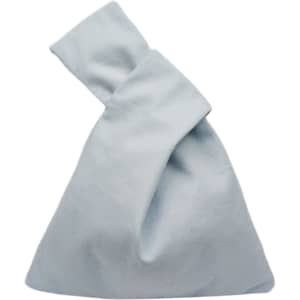 A cotton wrist bag in a light blue colour, featuring a knotted design at the top. It has a subtle logo.