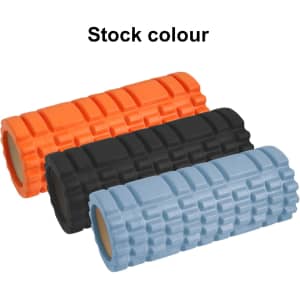 Three foam yoga rollers in orange, black, and light blue, featuring a textured surface and a logo.
