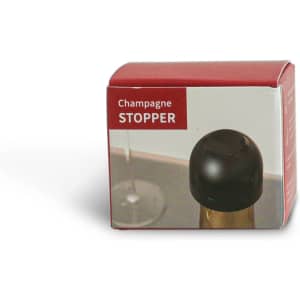 A drink bottle stopper in black, presented in a red and white box, with a logo visible on the packaging.