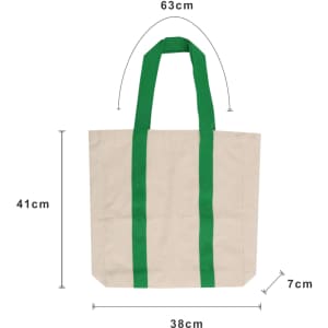 A beige canvas tote bag with green handles, featuring dimensions of 63cm width, 41cm height, and 7cm depth.