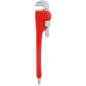 A red ballpoint pen shaped like a pipe wrench, featuring silver accents and a clip.