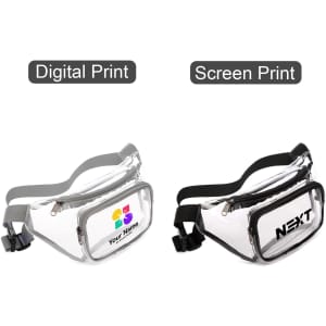 A clear fanny pack with adjustable straps, featuring two designs: one with a logo and another with a blank space for customisation.