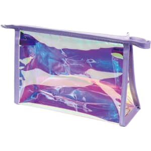 A holographic cosmetic bag in purple with a shiny, reflective surface and a zip closure.