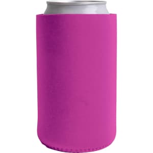 A drink bottle holder in a vibrant pink colour, designed to fit standard cans, featuring a smooth surface.