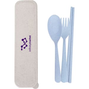 A portable utensils set featuring light blue cutlery: a spoon, fork, and chopsticks in a case with a logo.