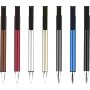 A collection of pens in brown, red, silver, gold, grey, blue, and black, featuring a sleek design and a logo.