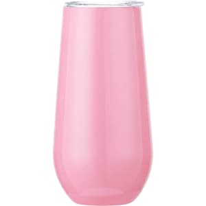 A drink bottle in a pink finish with a clear lid, designed as a 150ml vacuum champagne flute. It features a logo.