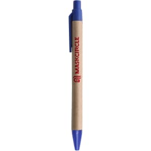 A kraft paper ball pen with a blue plastic tip and clip, featuring a logo on the barrel.