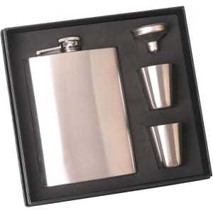 A stainless steel hip flask set in a black box, featuring a flask, two cups, and a funnel.