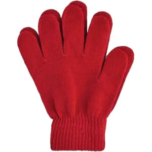 Red knitted gloves with a ribbed cuff and a woven label present. Suitable for kids.