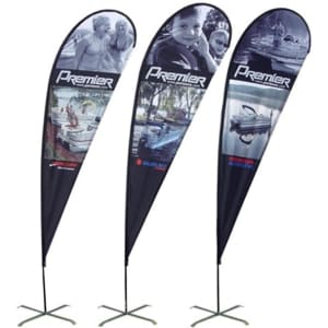 Three teardrop banners in black featuring images related to water activities and a logo. Each banner stands 9 ft tall.