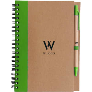 A Kraft notebook with a green spine and a matching ballpoint pen, featuring a logo on the cover.