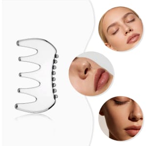 A silver, multi-pronged scraping board with rounded edges, surrounded by images of natural facial features.