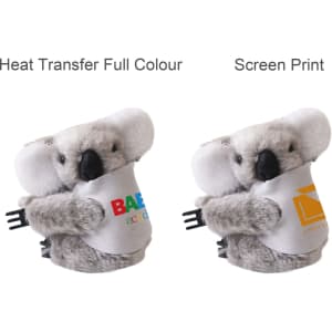 A grey koala plush toy with arms outstretched, featuring a white shirt with a logo. Two printing options are shown.