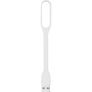 A white USB light with a flexible design, featuring a looped top and a standard USB connector.