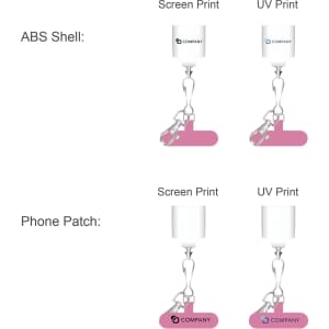 A pink 60W 4-in-1 charging phone lanyard with ABS shell and phone patch, featuring a logo. Multiple print options are displayed.