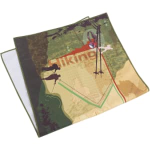 Quick dry towel in various shades of green with a hiking-themed design and logos. Ideal for leisure and outdoor activities.